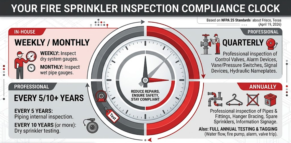 An infographic illustrating the NFPA 25 fire sprinkler inspection compliance clock, detailing the maintenance schedule for weekly, monthly, quarterly, annual, and 5-to-10-year professional testing.