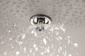 Fire sprinkler on a ceiling spraying water