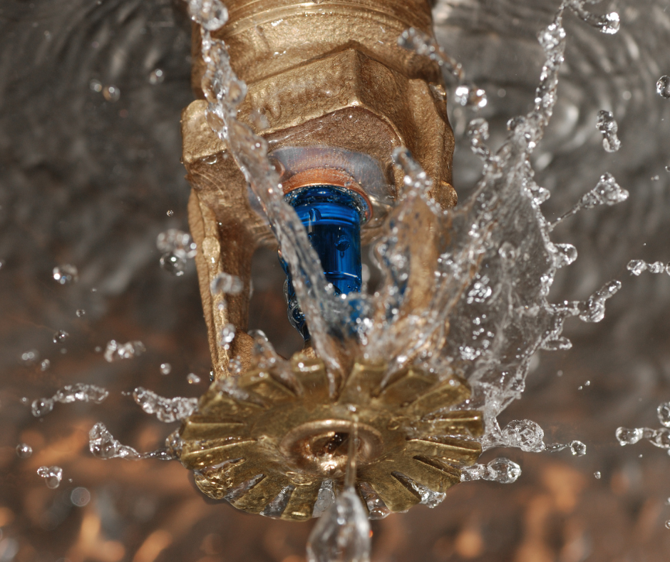 An activated fire sprinkler system releases water  