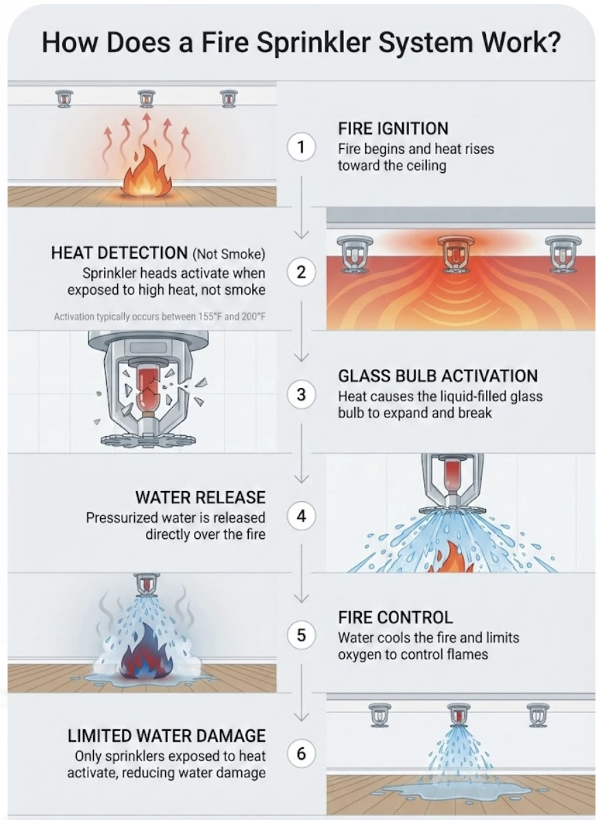 How a fire sprinkler system works showing heat activation and water release
